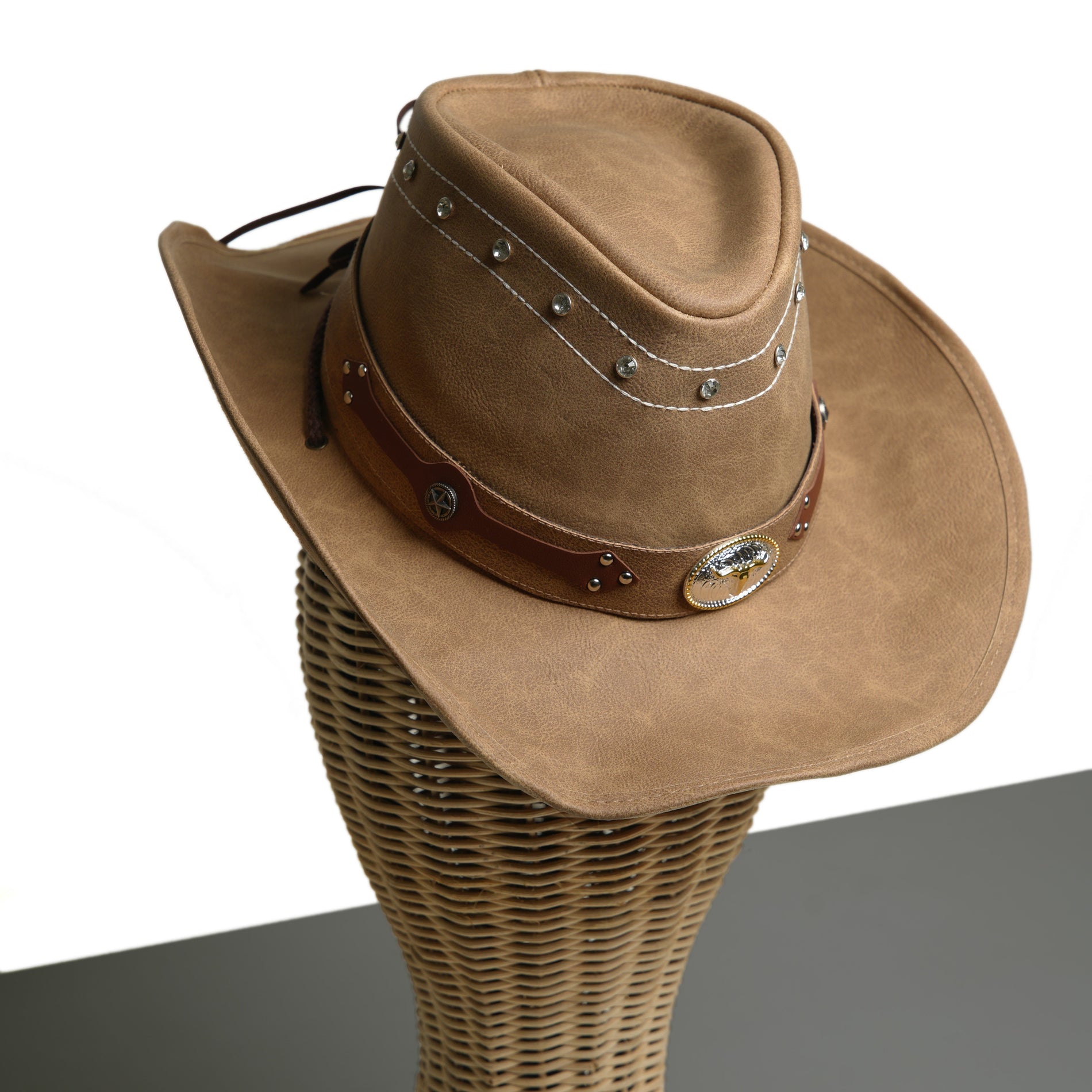 Chokore  Chokore PU Leather Cowboy Hat with Ox Head (Camel) 