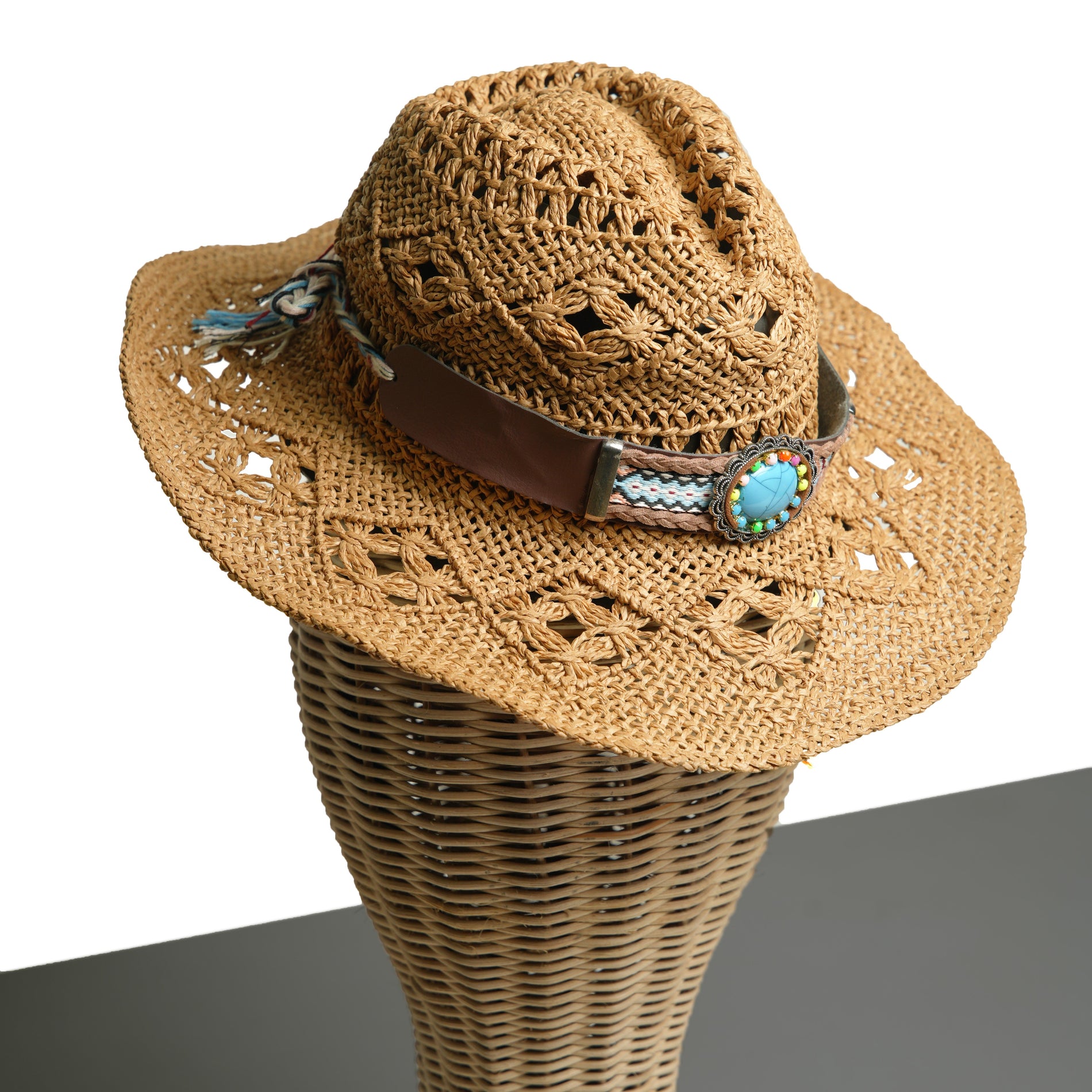 Chokore Chokore Handcrafted Straw Cowboy Hat with Tibetan Belt (Khaki) Chokore Handcrafted Straw Cowboy Hat with Tibetan Belt (Khaki) 