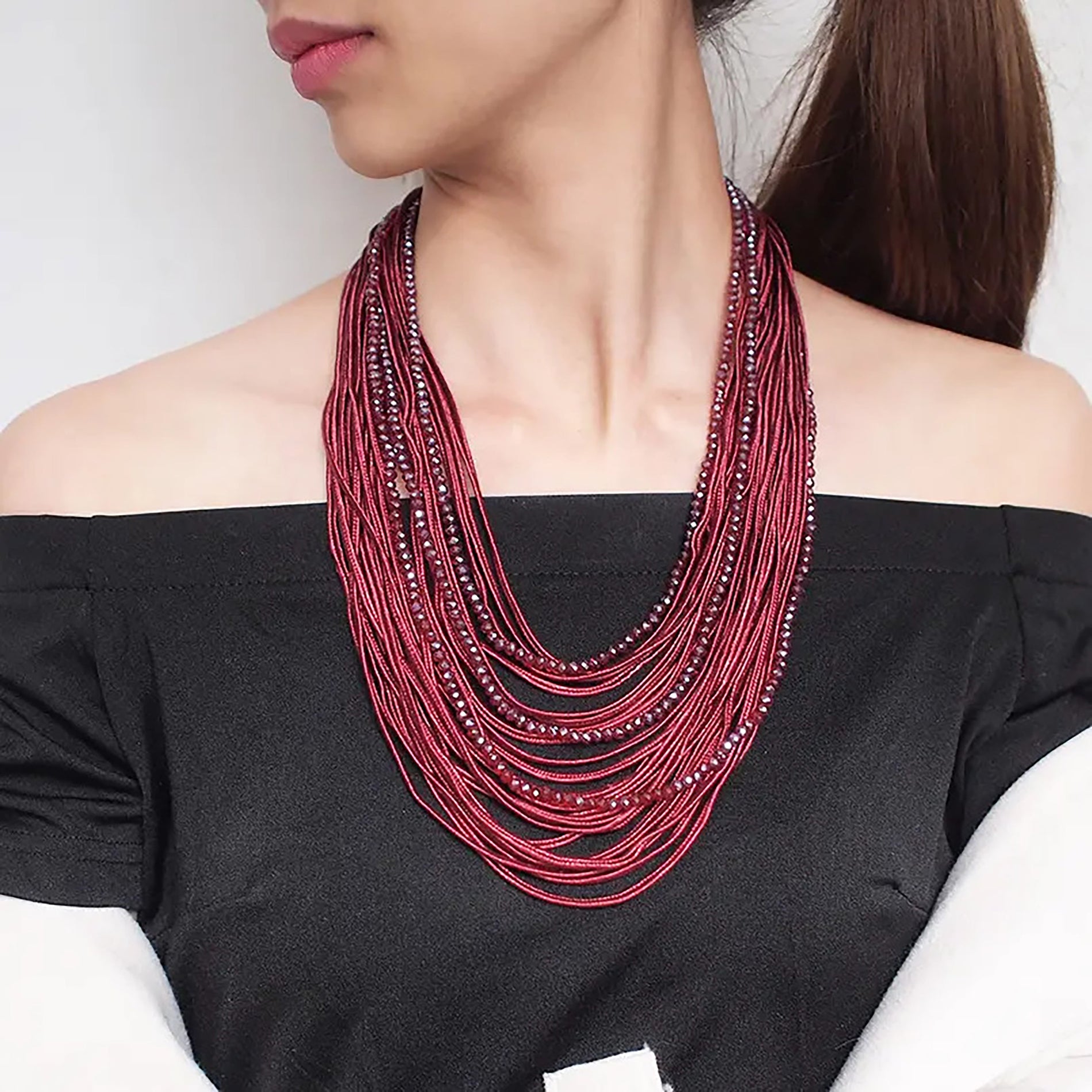 Chokore  Chokore Multilayer Ribbon & Bead Boho Necklace (Wine Red) 