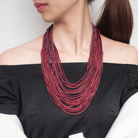 Chokore Chokore Multilayer Ribbon & Bead Boho Necklace (Wine Red)