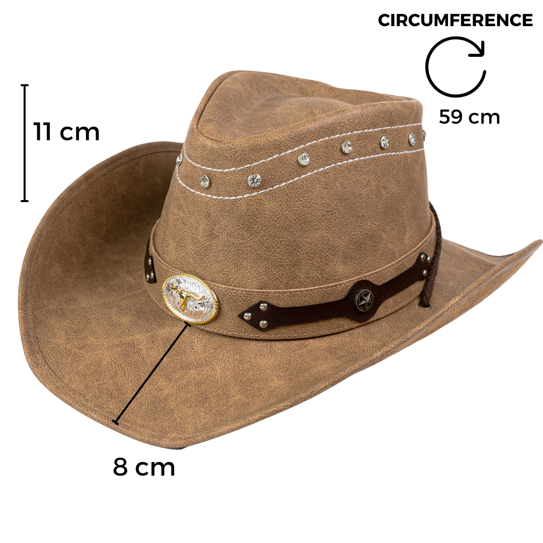 Chokore Chokore PU Leather Cowboy Hat with Ox Head (Camel) Chokore PU Leather Cowboy Hat with Ox Head (Camel) 