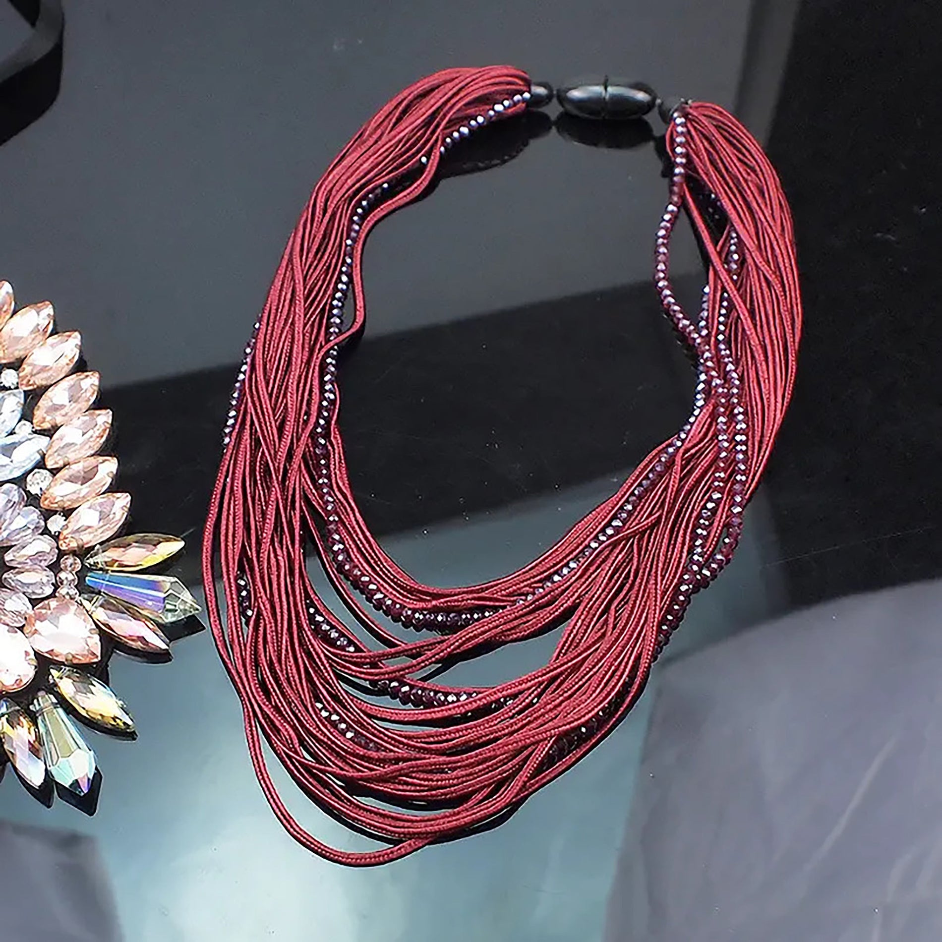 Chokore Chokore Multilayer Ribbon & Bead Boho Necklace (Wine Red) Chokore Multilayer Ribbon & Bead Boho Necklace (Wine Red) 