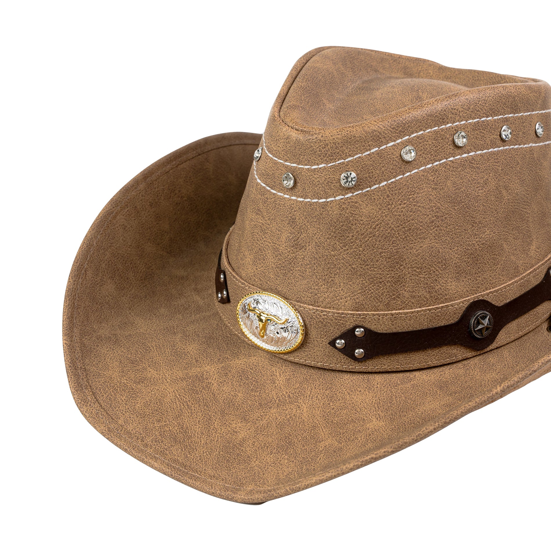 Chokore Chokore PU Leather Cowboy Hat with Ox Head (Camel) Chokore PU Leather Cowboy Hat with Ox Head (Camel) 