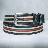 Chokore Chokore Adjustable Stripe Canvas Design Leather Belt (Black)