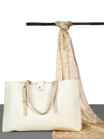 Chokore Chokore Large, Khaki Adjustable Tote Bag & Pink, Off-White Satin Silk Stole Combo