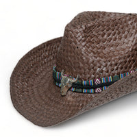 Chokore Chokore Handcrafted Straw Cowboy Hat with Ox head Belt (Brown)