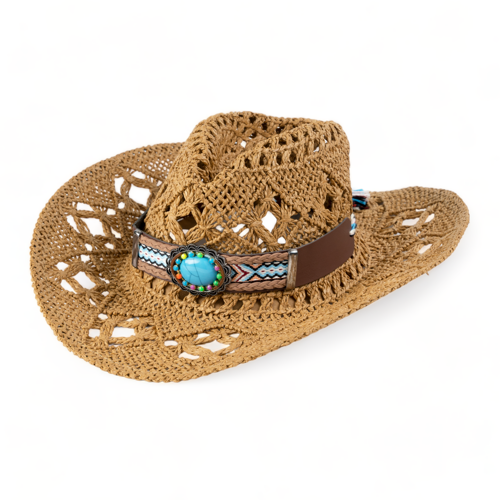 Chokore Chokore Handcrafted Straw Cowboy Hat with Tibetan Belt (Khaki) Chokore Handcrafted Straw Cowboy Hat with Tibetan Belt (Khaki) 