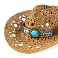 Chokore Chokore Handcrafted Straw Cowboy Hat with Tibetan Belt (Khaki)