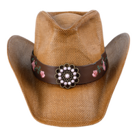 Chokore Chokore Embroidered Straw Cowboy Hat with Windproof Belt (Khaki)