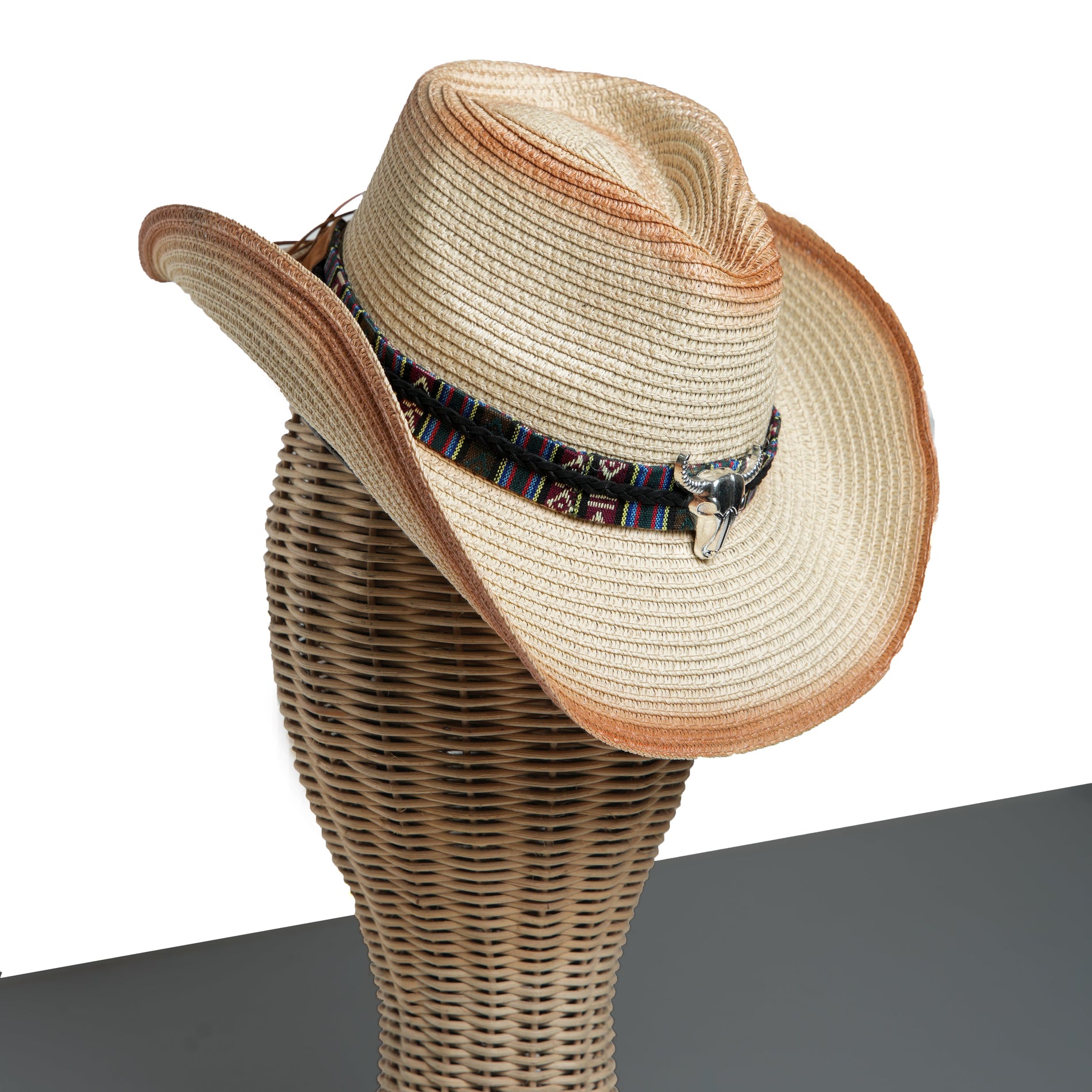 Chokore  Chokore Ombre Straw Cowboy Hat with Bull Head Belt (Light Brown) 