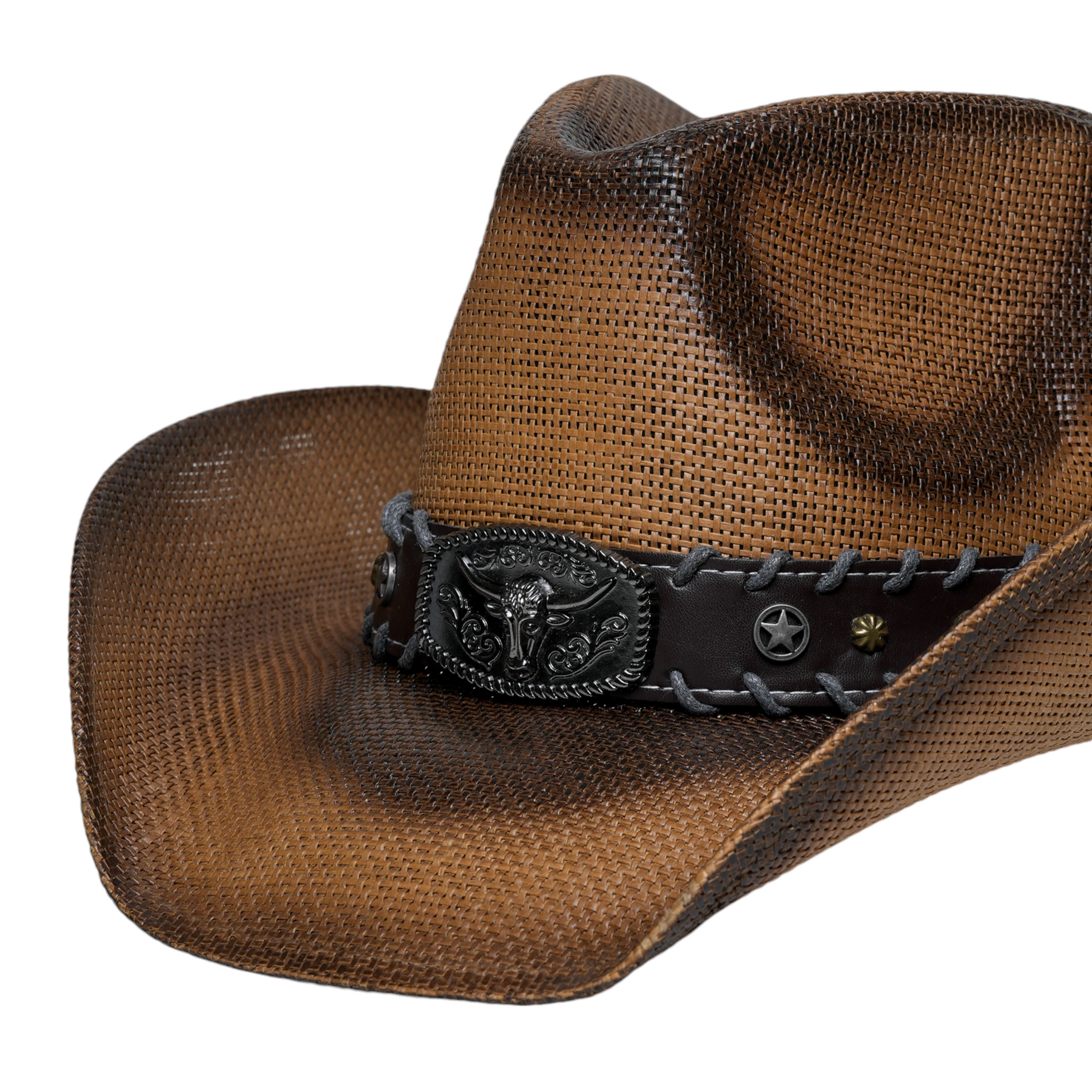 Chokore Chokore Handcrafted Straw Cowboy Hat with Bull Head Belt (Brown) Chokore Handcrafted Straw Cowboy Hat with Bull Head Belt (Brown) 