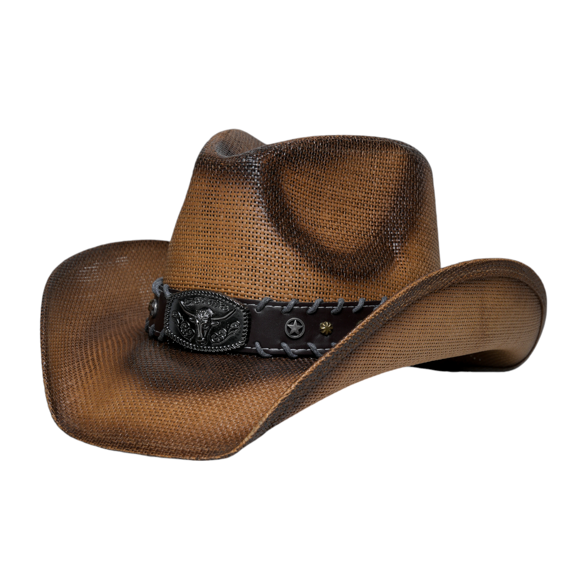 Chokore Chokore Handcrafted Straw Cowboy Hat with Bull Head Belt (Brown) Chokore Handcrafted Straw Cowboy Hat with Bull Head Belt (Brown) 