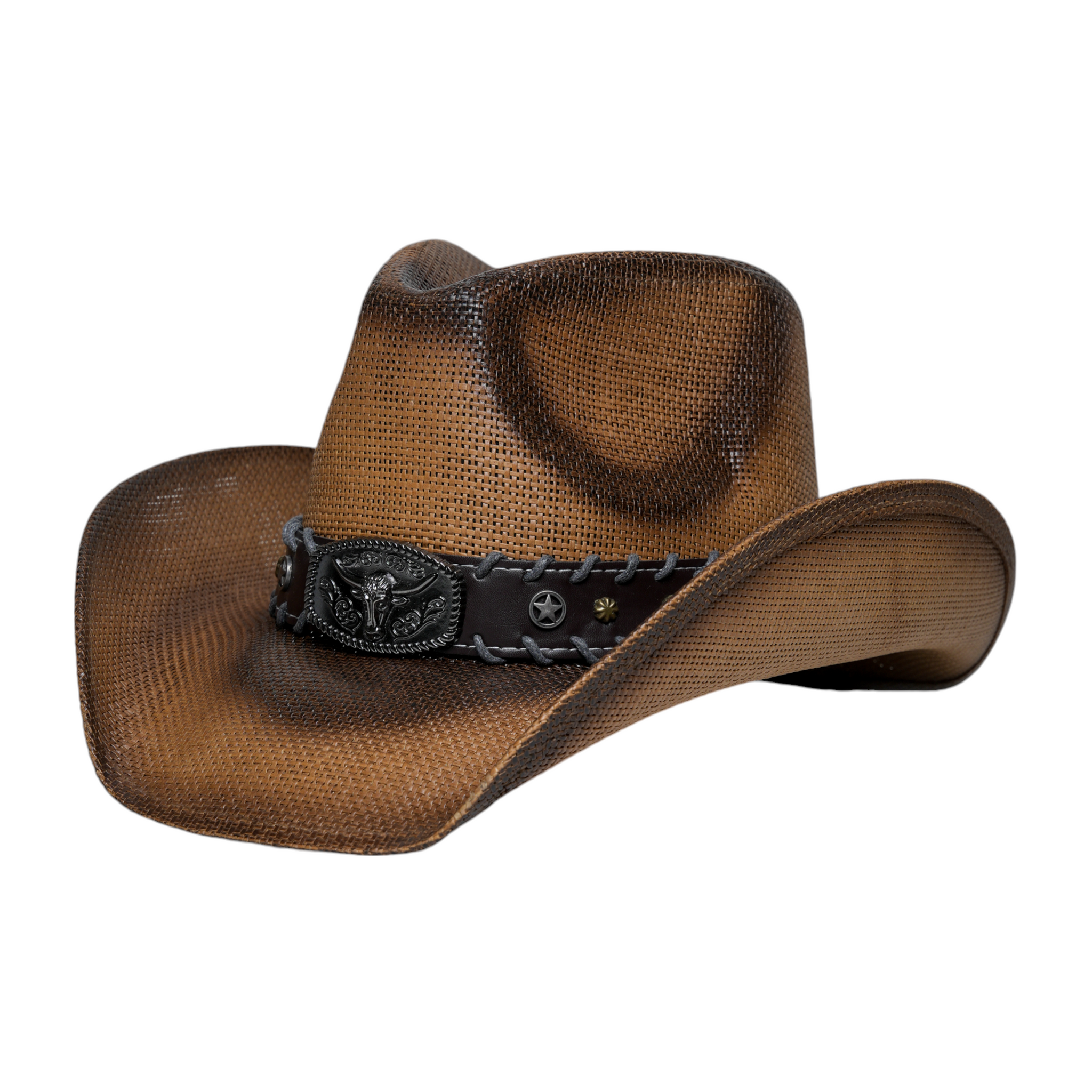 Chokore Handcrafted Straw Cowboy Hat with Bull Head Belt (Brown)