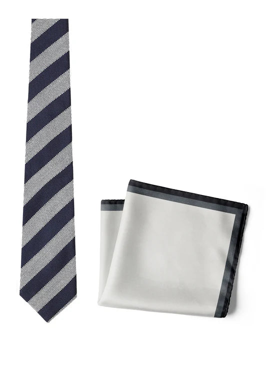 Chokore Chokore Quartz - Pocket Square & Stripes (Navy & Silver) Necktie Chokore Quartz - Pocket Square & Stripes (Navy & Silver) Necktie 