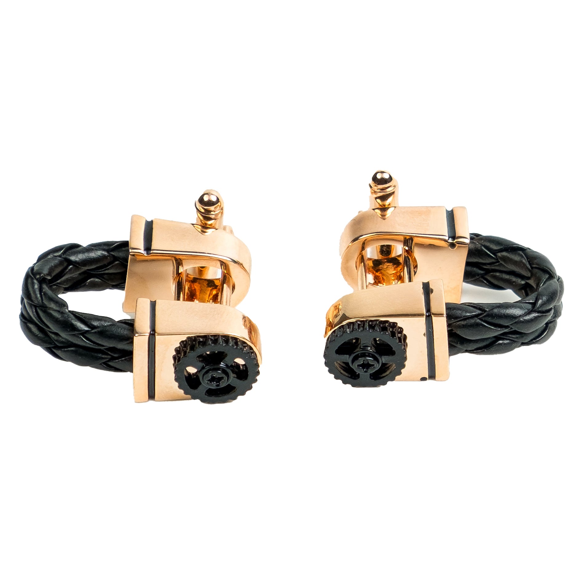 Chokore Chokore Braided Leather Cufflinks with Miniature Gear Chokore Braided Leather Cufflinks with Miniature Gear 