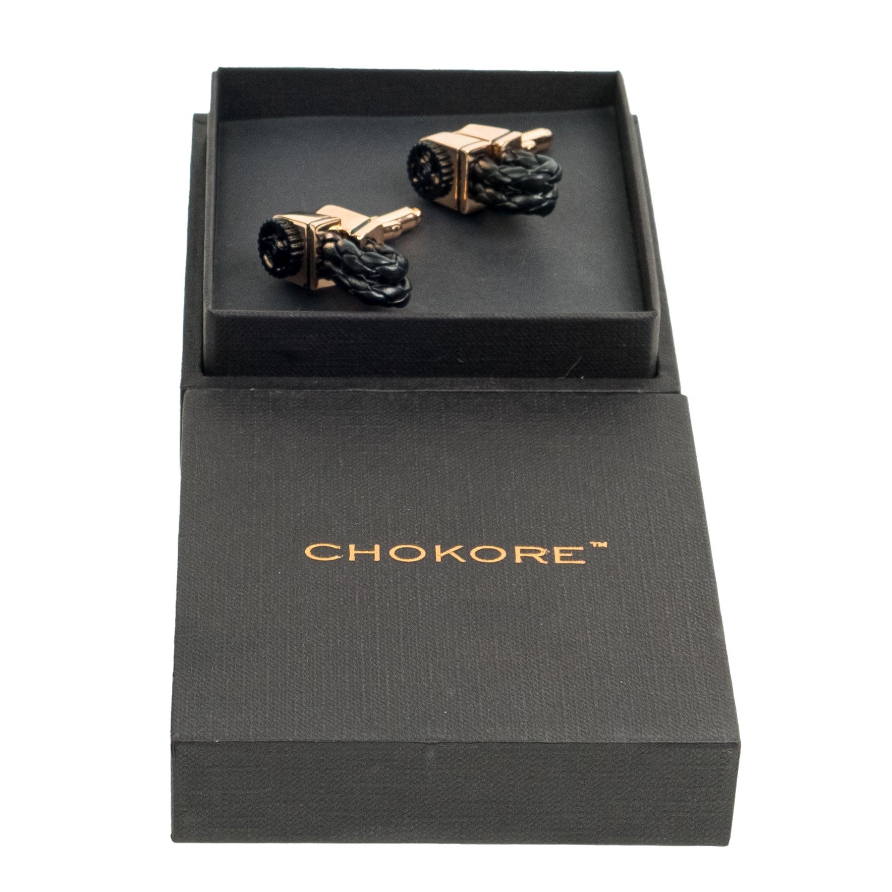 Chokore Braided Leather Cufflinks with Miniature Gear