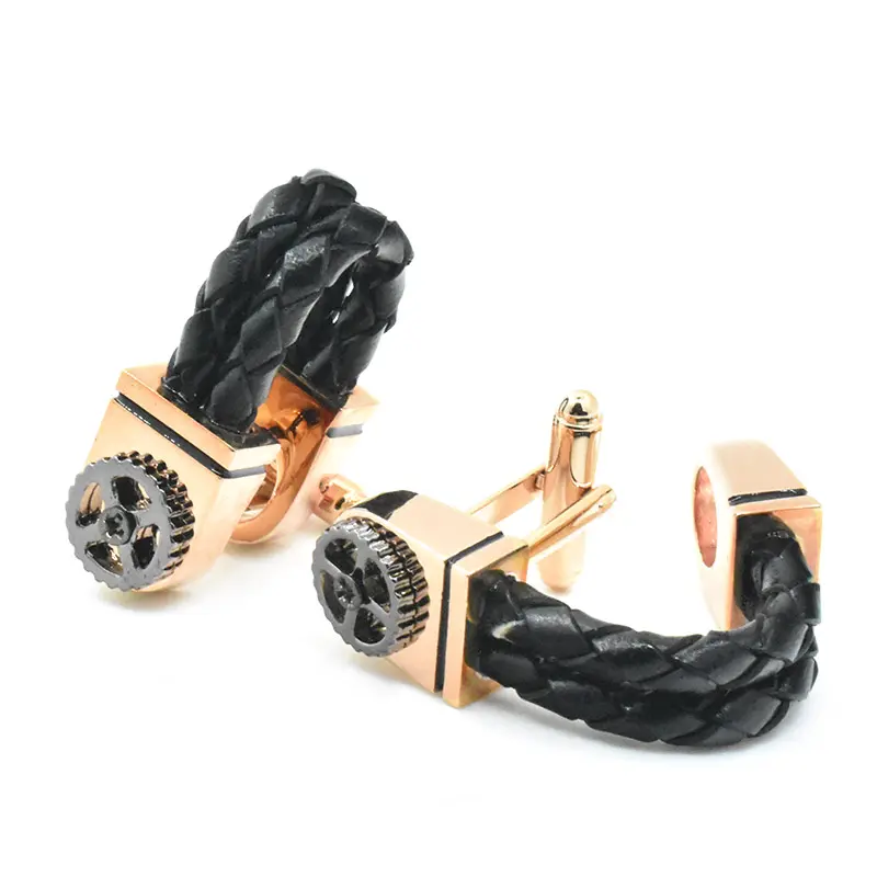 Chokore Chokore Braided Leather Cufflinks with Miniature Gear Chokore Braided Leather Cufflinks with Miniature Gear 