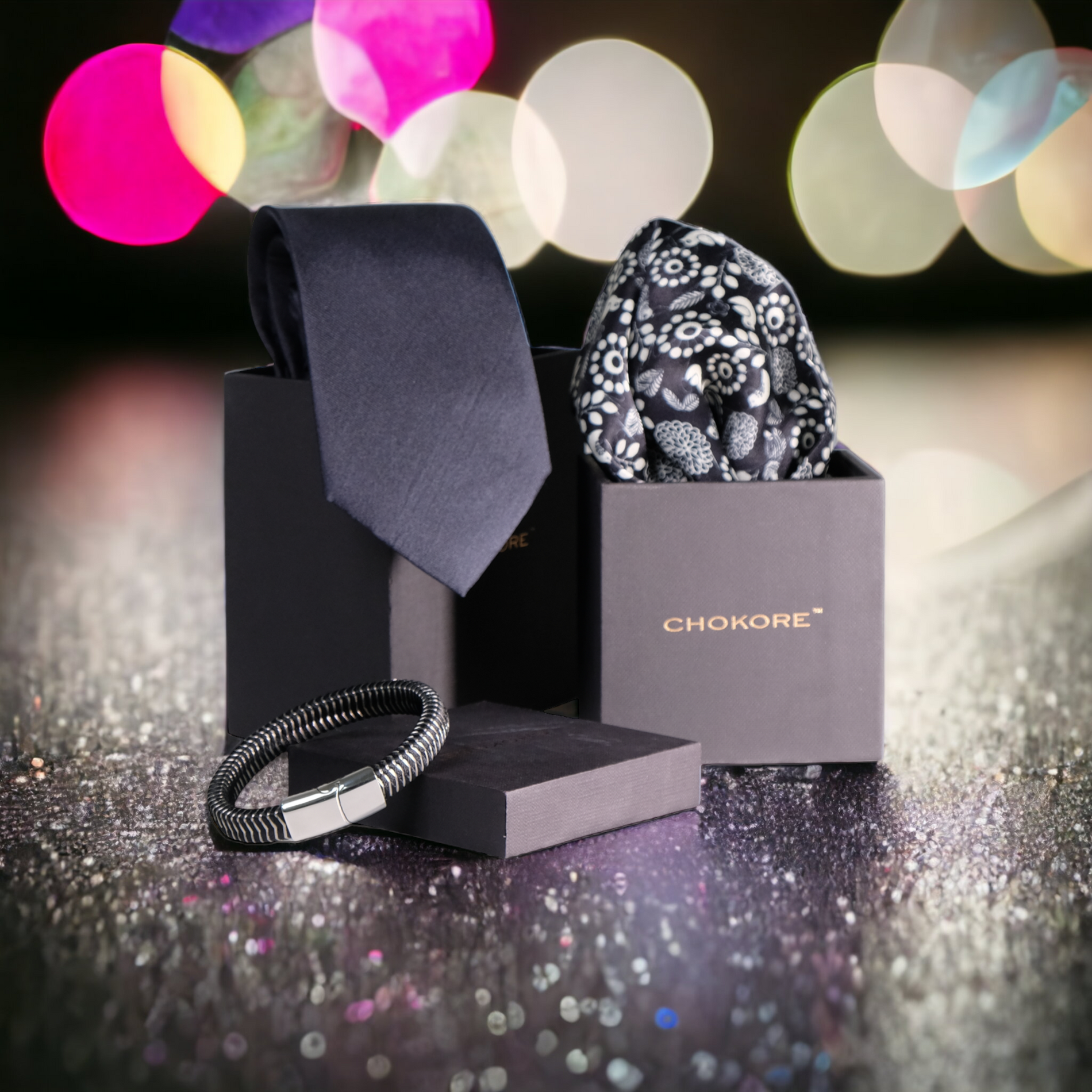 Chokore  Chokore Special 3-in-1 Gift Set for Him (Black Pocket Square, Necktie, & Bracelet) 