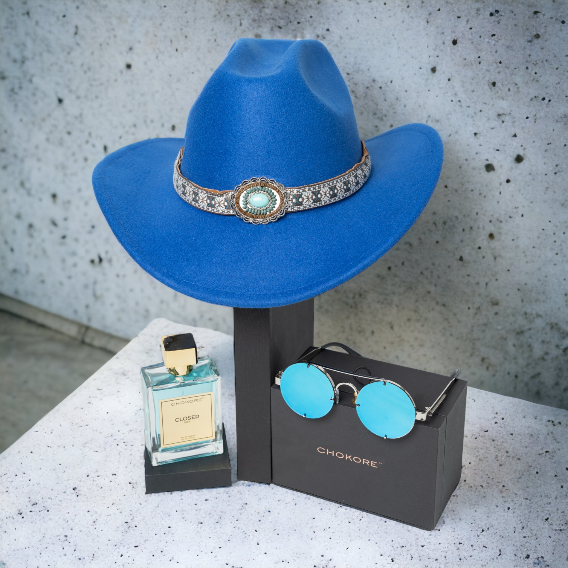 Chokore  Chokore Special 3-in-1 Gift Set for Him (Blue Cowboy Hat, Round Sunglasses, & Closer Perfume) 