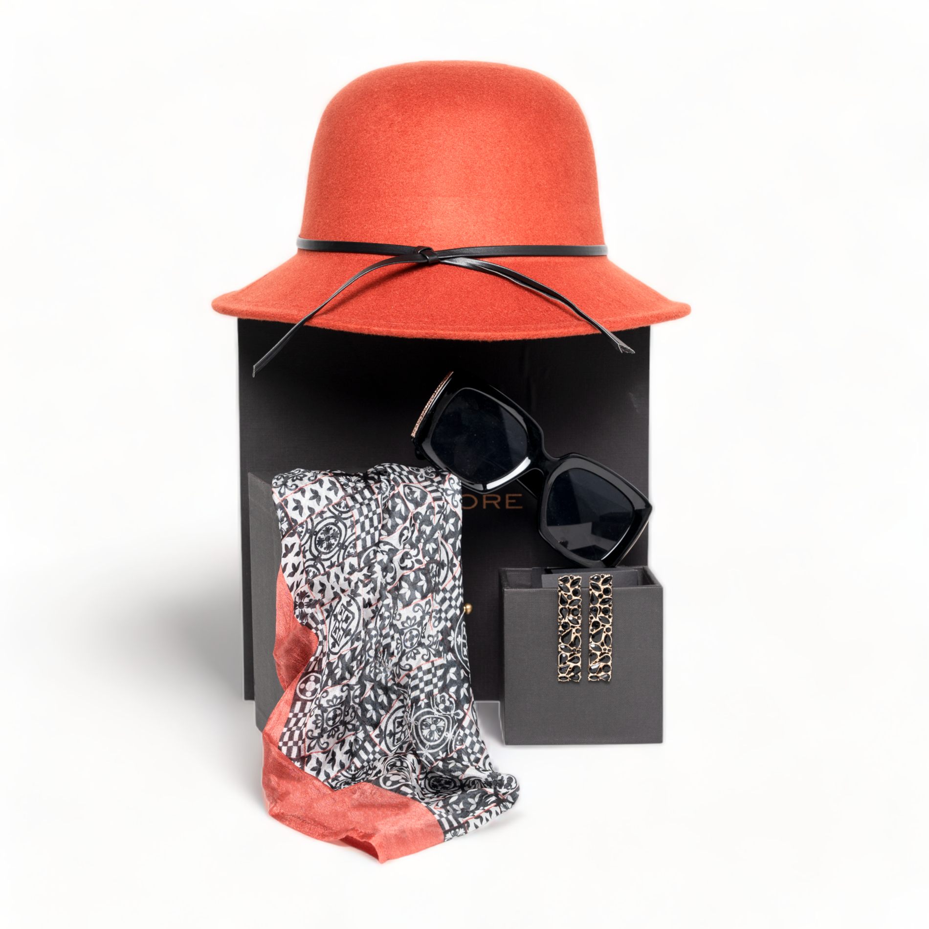 Chokore  Chokore Special 3-in-1 Gift Set for Her (Red Cloche Hat, Silk Stole, & Sunglasses) 