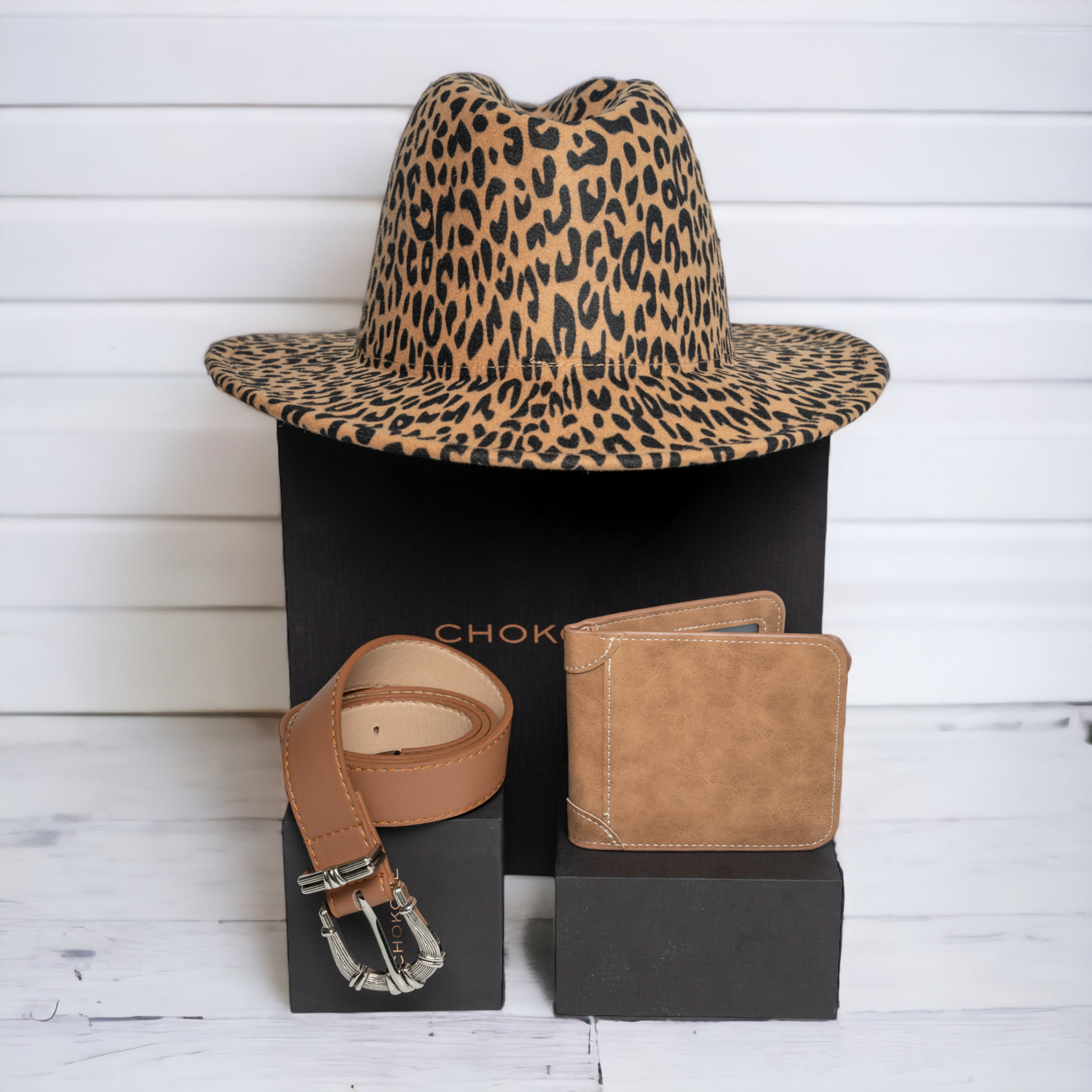 Chokore  Chokore Special 3-in-1 Gift Set for Him & Her (Buckle Belt, Wallet, & Leopard print Hat) 