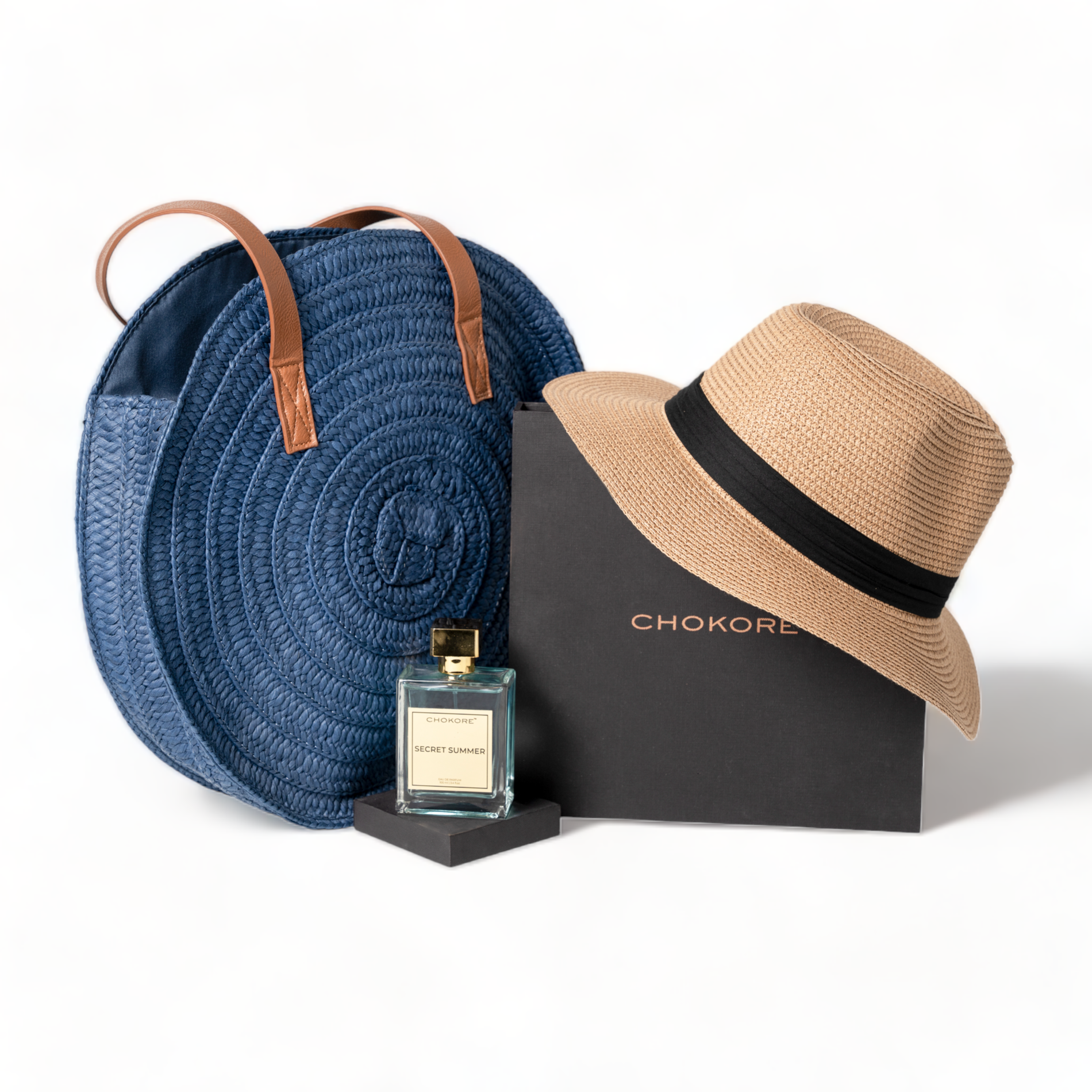 Chokore  Chokore Special 3-in-1 Gift Set for Him & Her (Straw Hat, Beach Bag, & 100 ml Secret Summer Perfume) 