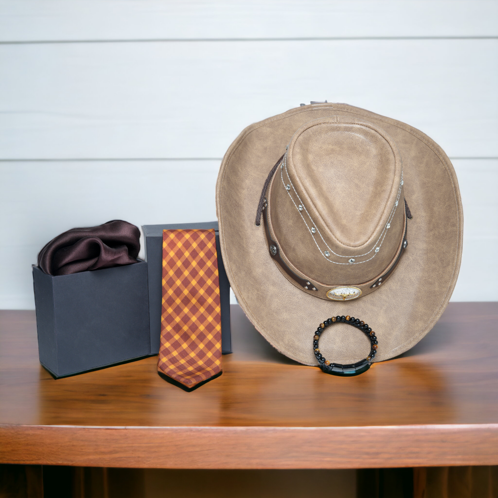 Chokore  Chokore Special 4-in-1 Gift Set for Him (Solid Pocket Square, Plaid Necktie, Hat, & Bracelet) 