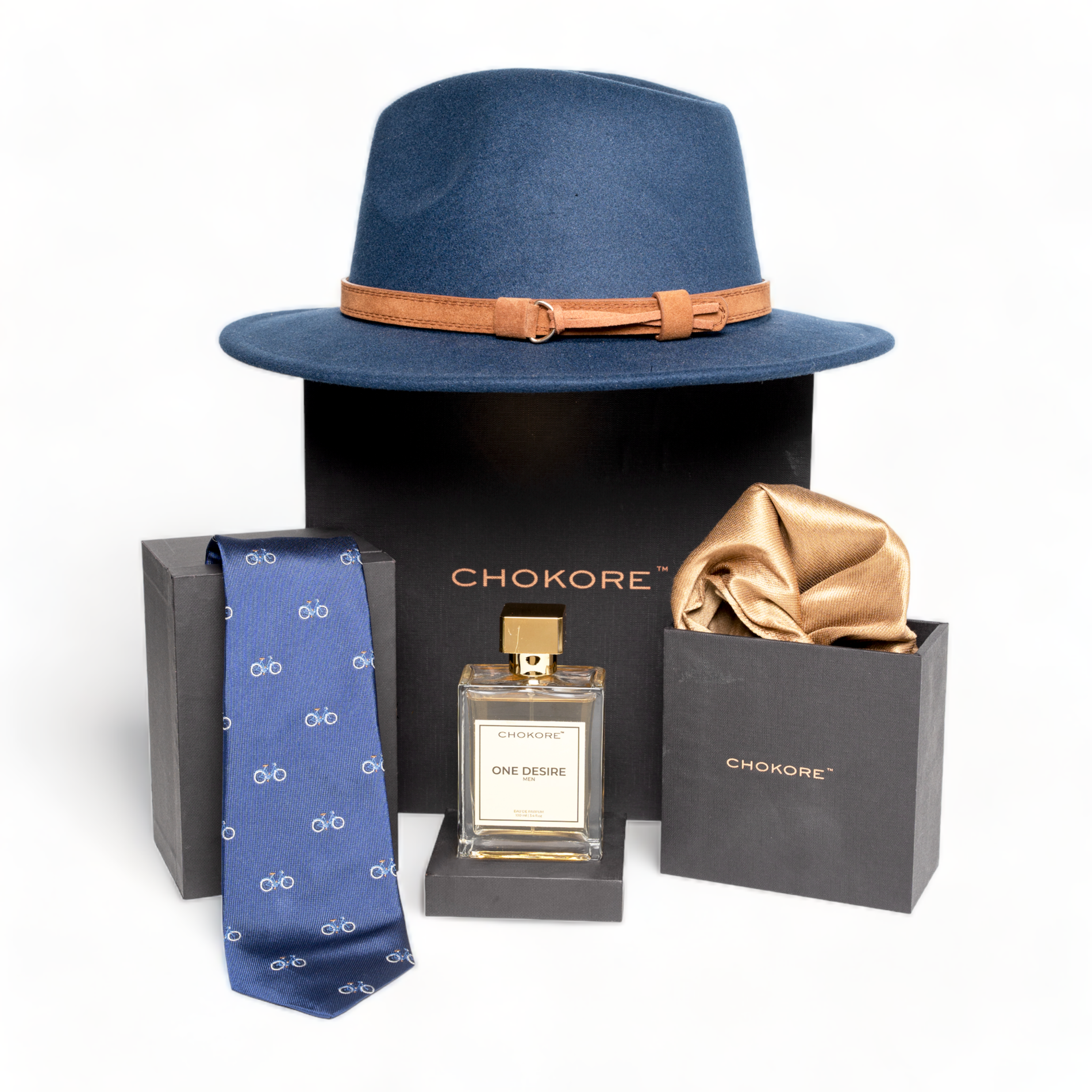 Chokore  Chokore Special 4-in-1 Gift Set for Him (Pocket Square, RKXC Necktie, Hat & 100 ml One Desire Perfume) 