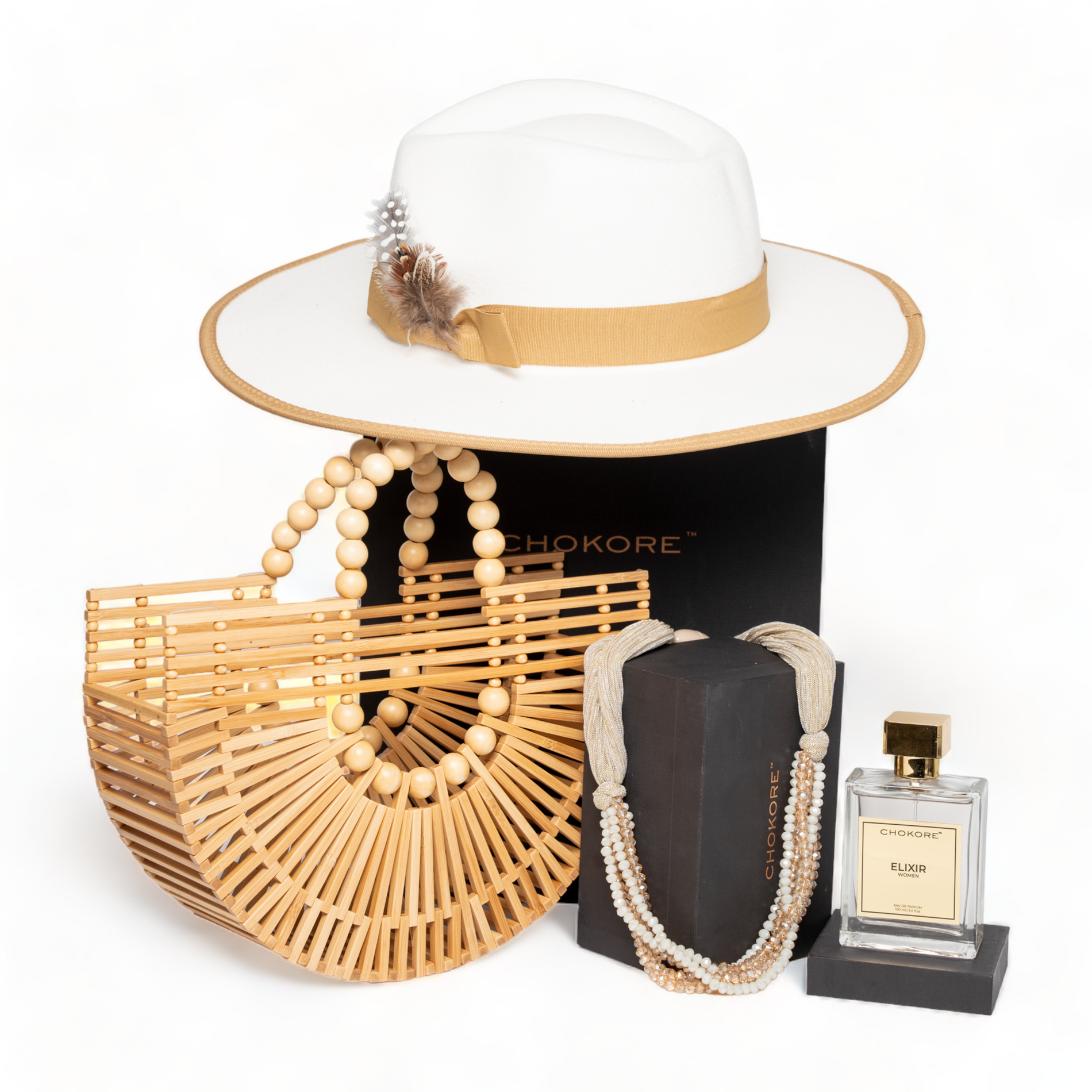 Chokore Chokore Special 4-in-1 Gift Set for Her (Pearl Bamboo Bag, Fedora Hat, 100 ml Perfume, & Necklace) Chokore Special 4-in-1 Gift Set for Her (Pearl Bamboo Bag, Fedora Hat, 100 ml Perfume, & Necklace) 