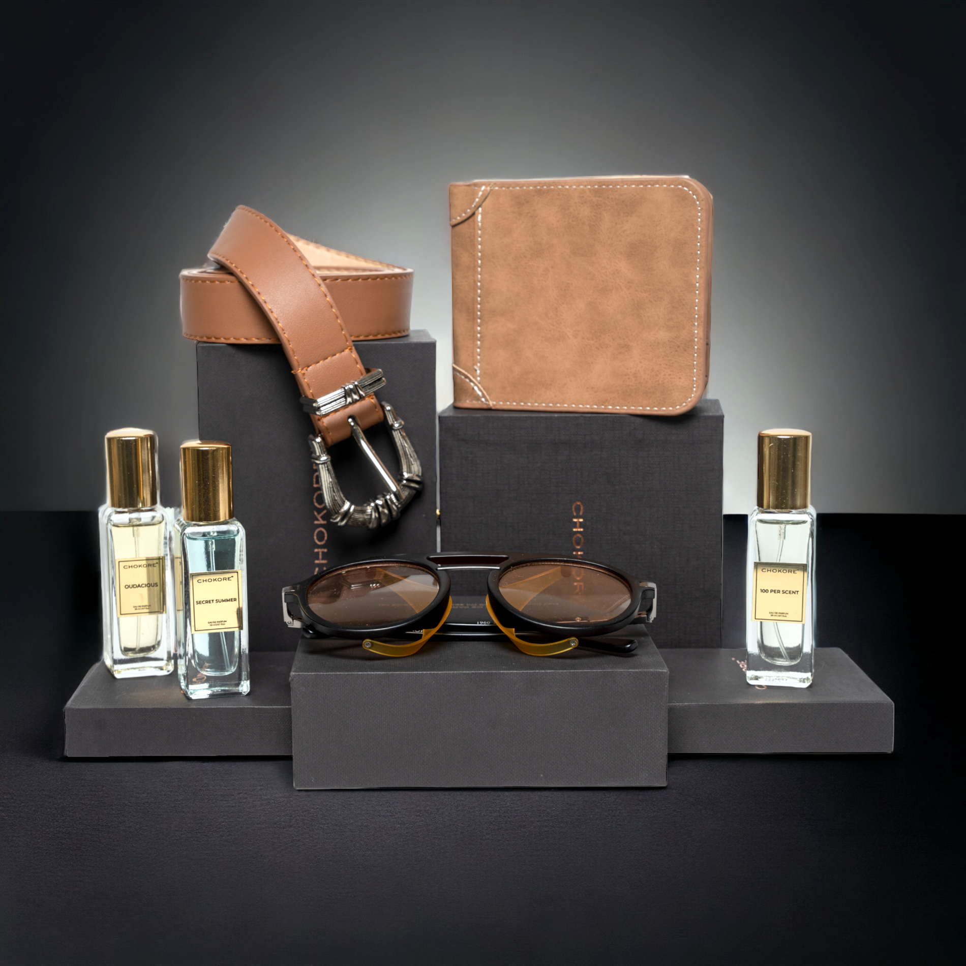 Chokore  Chokore Special 4-in-1 Gift Set for Him & Her (Belt, Wallet, Sunglasses, & Perfume Combo) 