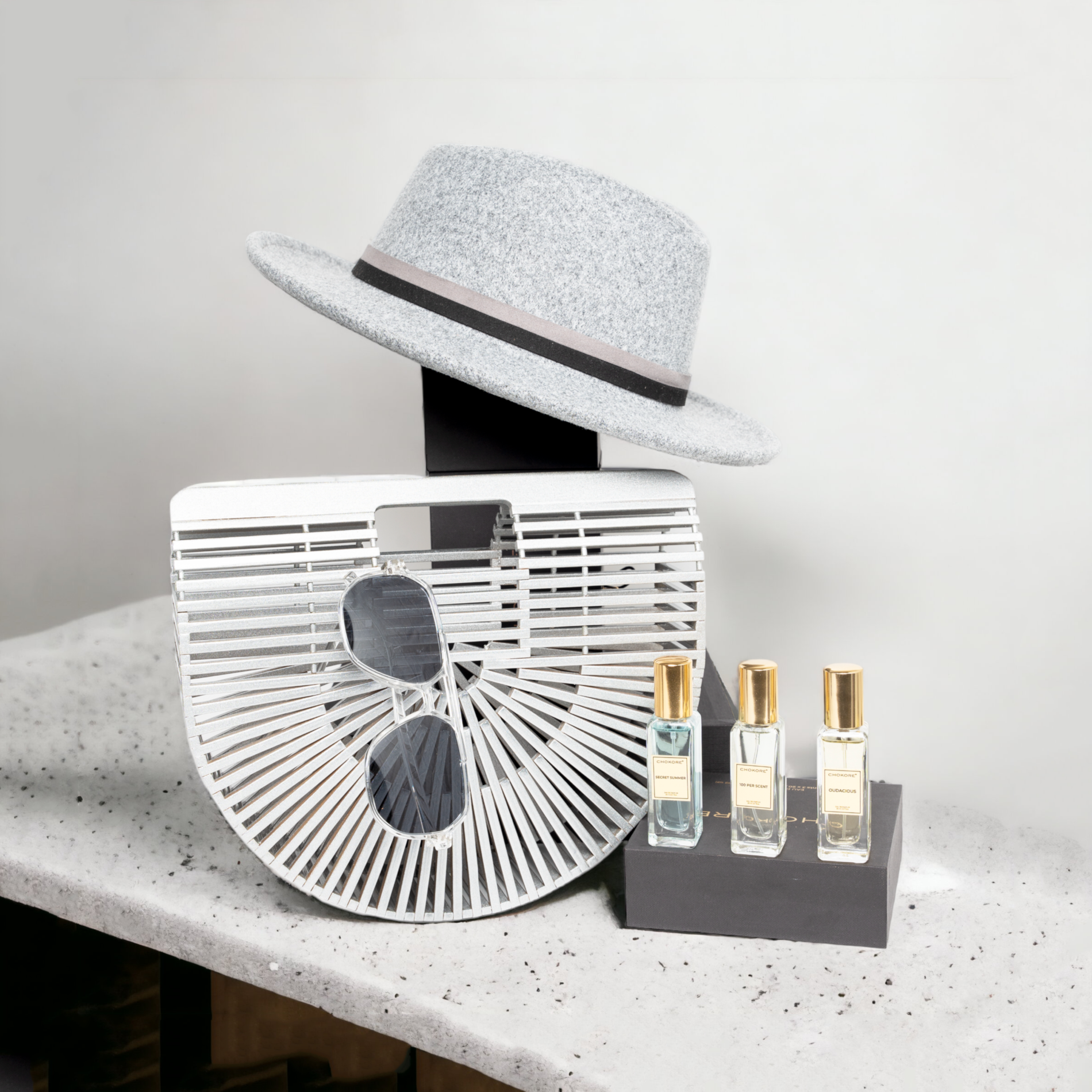 Chokore Chokore Special 4-in-1 Gift Set for Him & Her (Fedora Hat, Bamboo bag, Sunglasses, & Perfumes Combo) Chokore Special 4-in-1 Gift Set for Him & Her (Fedora Hat, Bamboo bag, Sunglasses, & Perfumes Combo) 