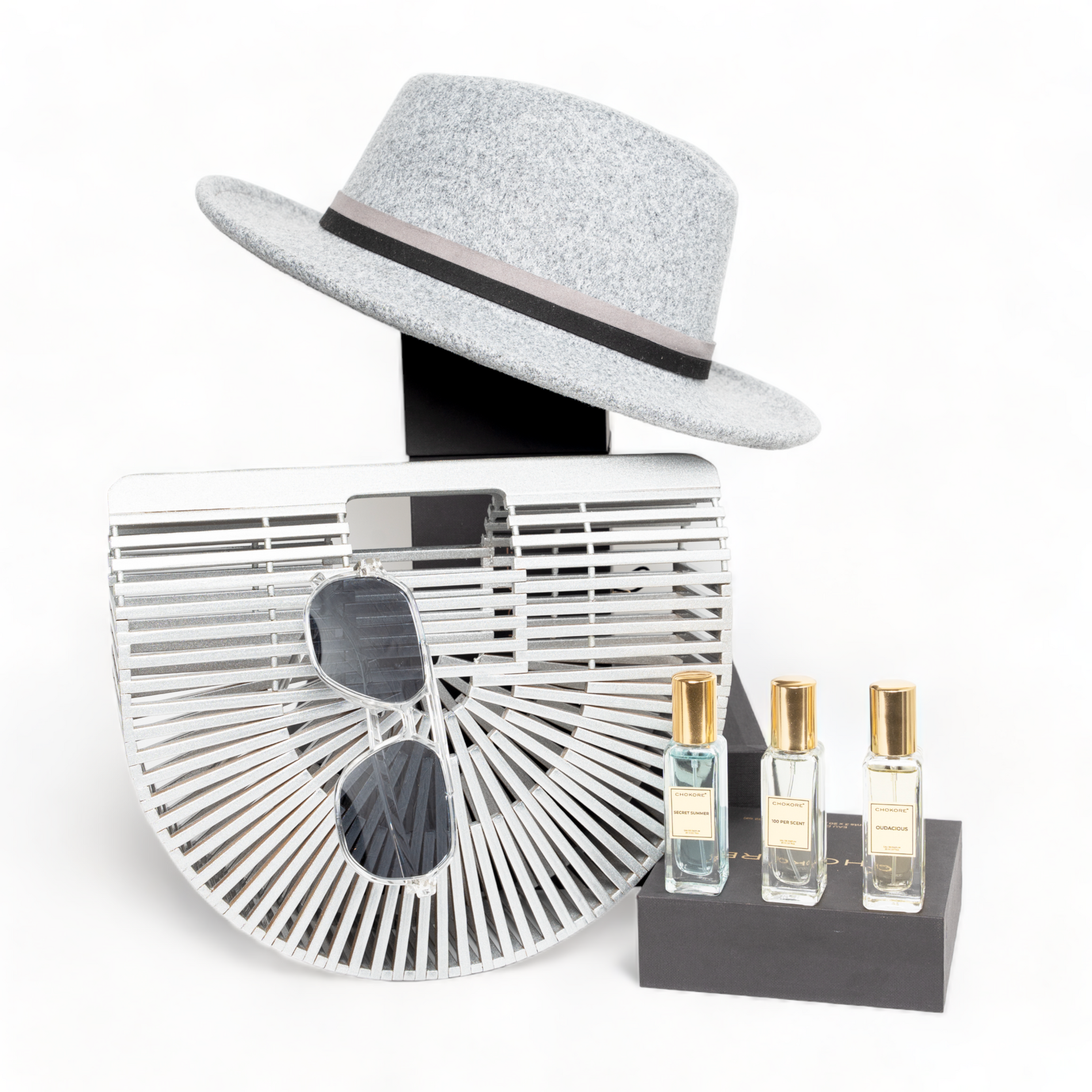 Chokore Chokore Special 4-in-1 Gift Set for Him & Her (Fedora Hat, Bamboo bag, Sunglasses, & Perfumes Combo) Chokore Special 4-in-1 Gift Set for Him & Her (Fedora Hat, Bamboo bag, Sunglasses, & Perfumes Combo) 