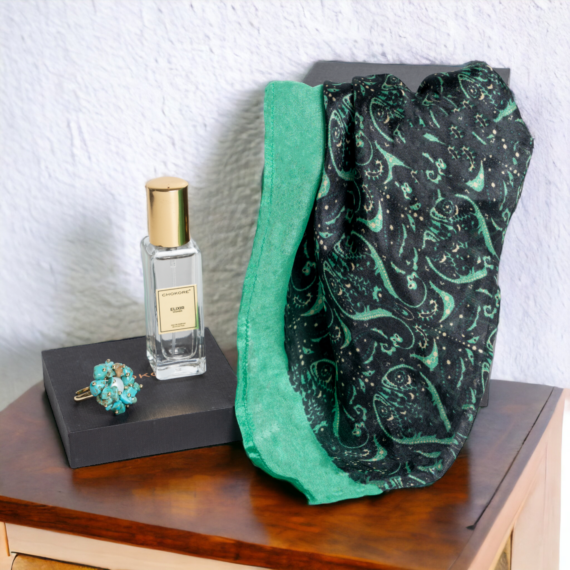 Chokore  Chokore Special 3-in-1 Gift Set for Her (Silk Stole, Turquoise Stone Ring, & 20 ml Elixir Perfume) 