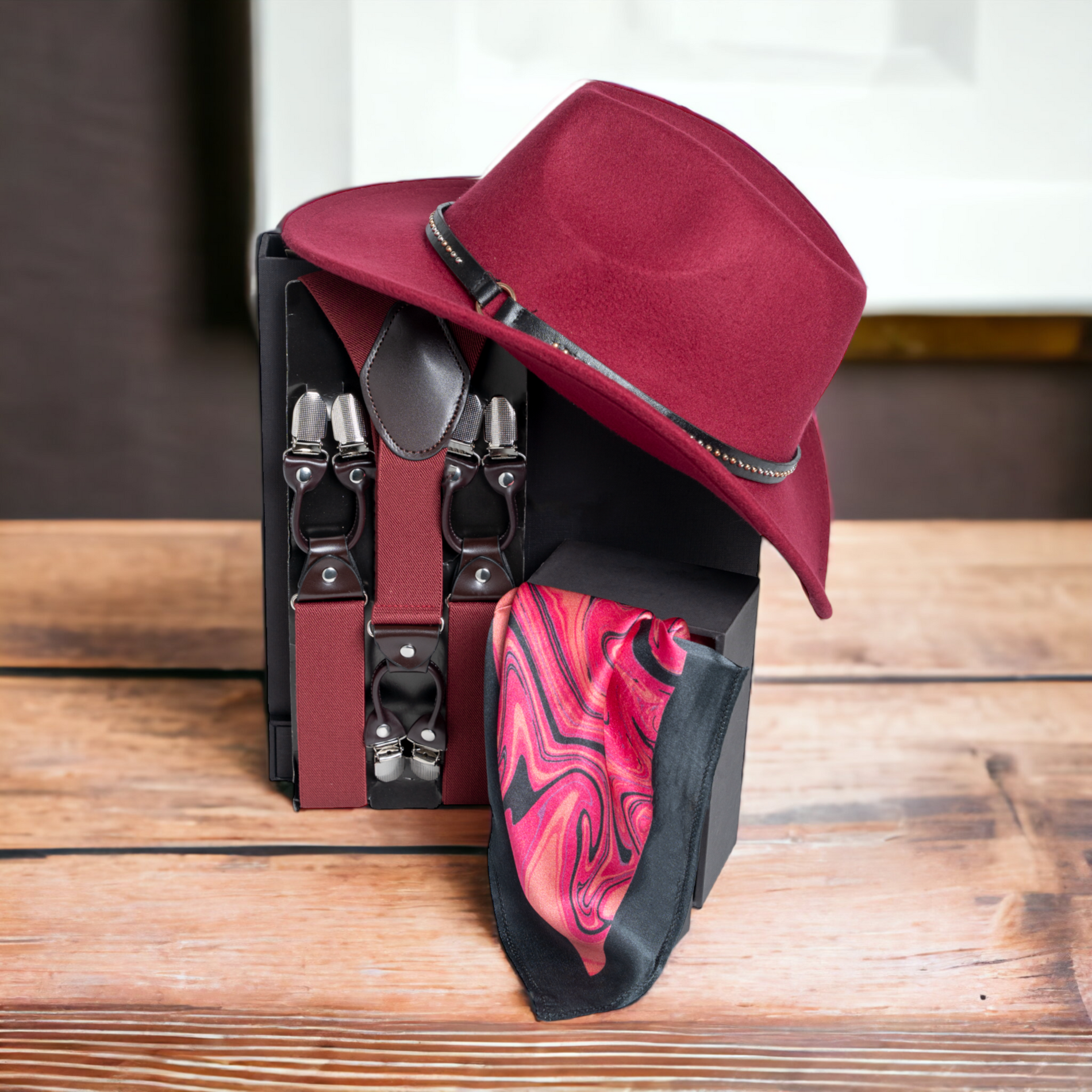 Chokore  Chokore Special 3-in-1 Gift Set for Him (Burgundy Suspenders, Cowboy Hat, & Pocket Square) 