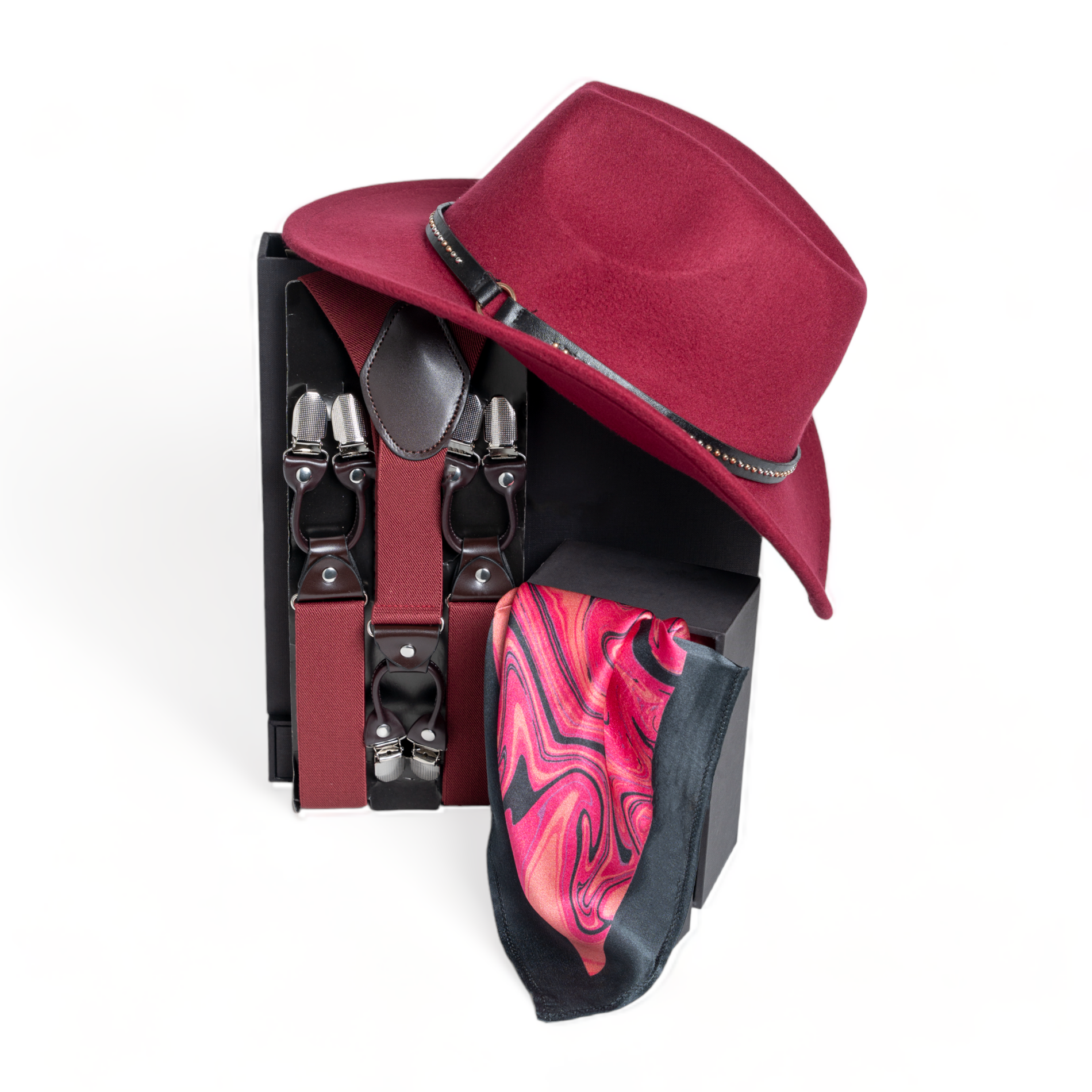 Chokore  Chokore Special 3-in-1 Gift Set for Him (Burgundy Suspenders, Cowboy Hat, & Pocket Square) 