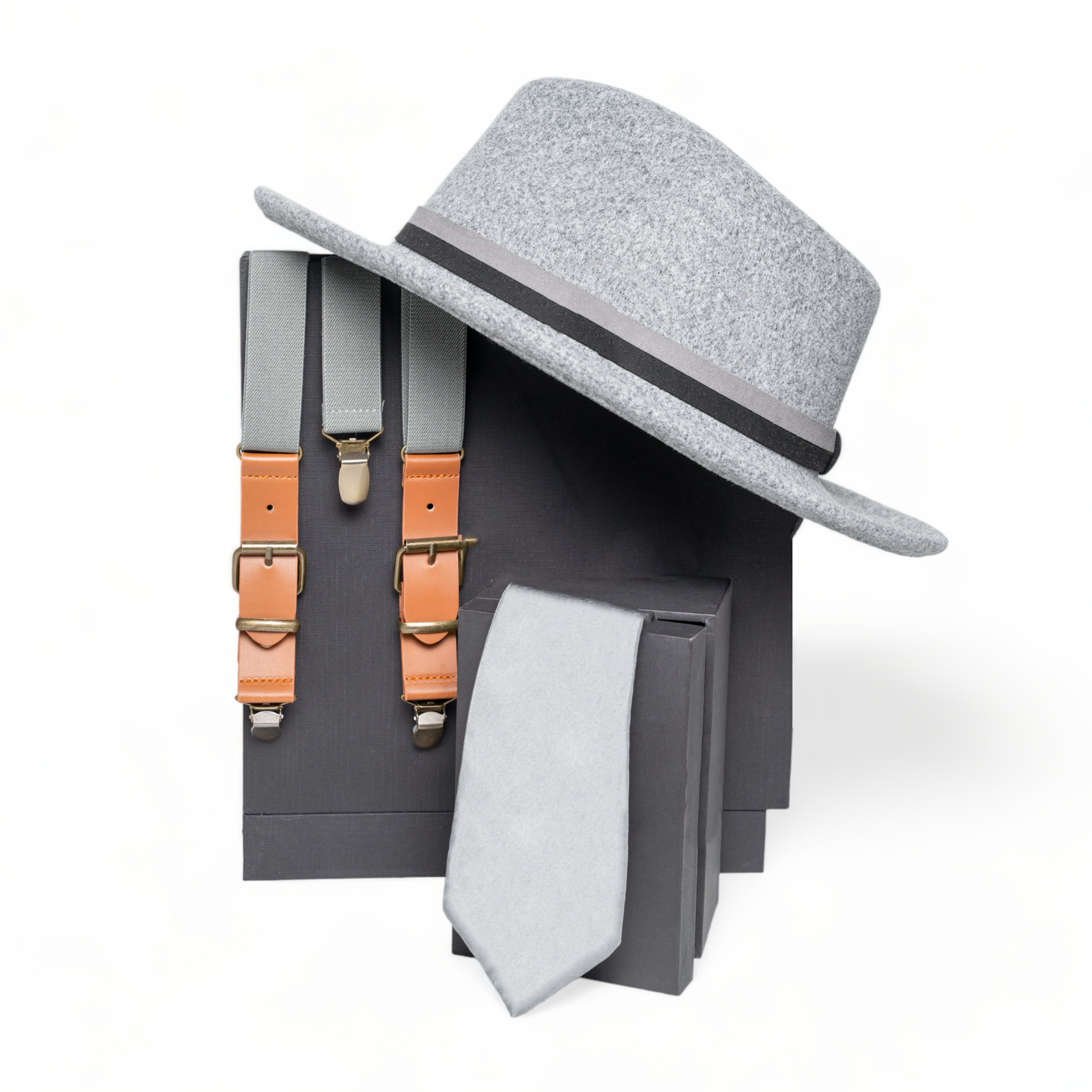 Chokore  Chokore Special 3-in-1 Gift Set for Him (Gray Suspenders, Fedora Hat, & Solid Silk Necktie) 