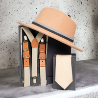 Chokore Chokore Special 3-in-1 Gift Set for Him (Beige Suspenders, Fedora Hat, & Solid Silk Necktie)