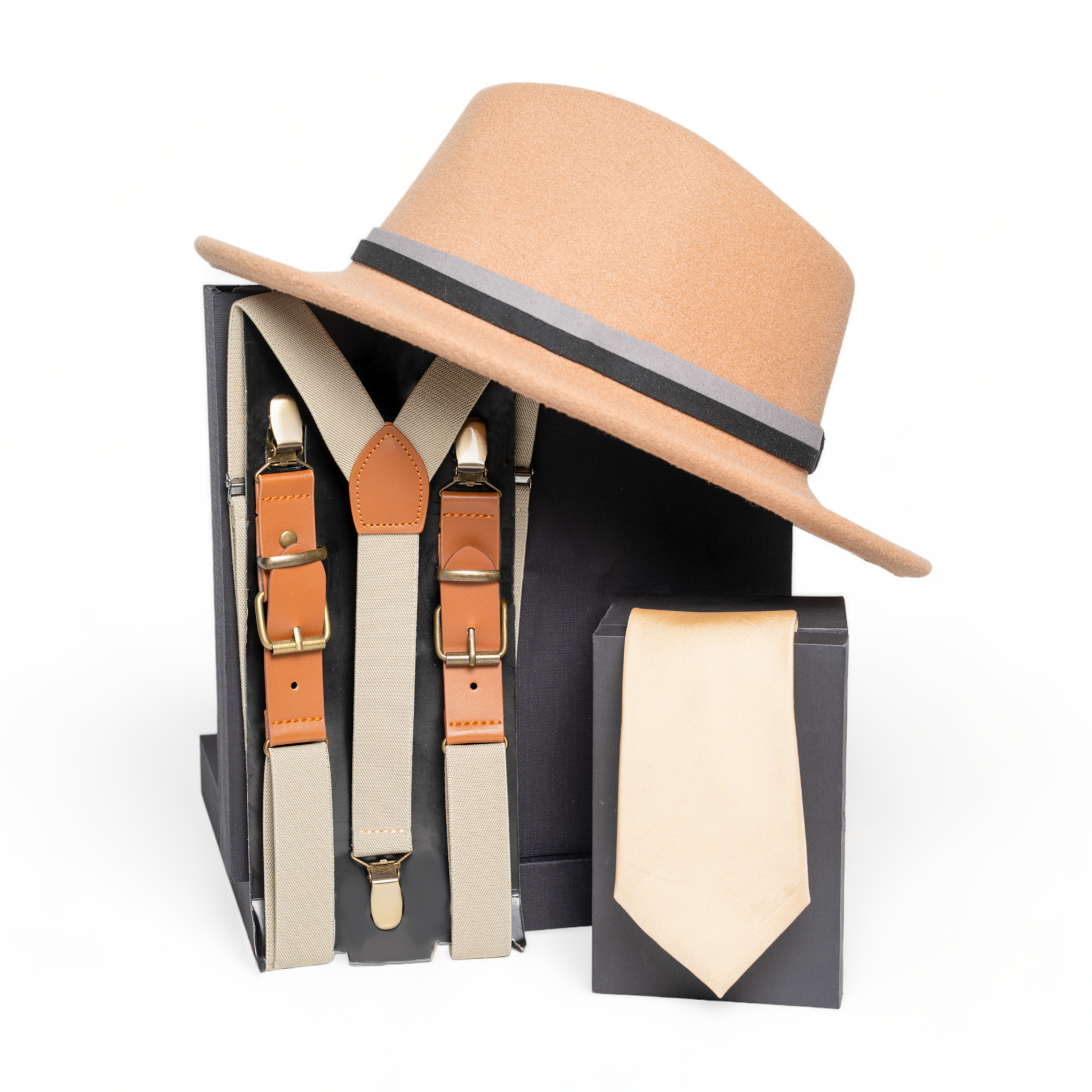 Chokore Chokore Special 3-in-1 Gift Set for Him (Beige Suspenders, Fedora Hat, & Solid Silk Necktie) Chokore Special 3-in-1 Gift Set for Him (Beige Suspenders, Fedora Hat, & Solid Silk Necktie) 