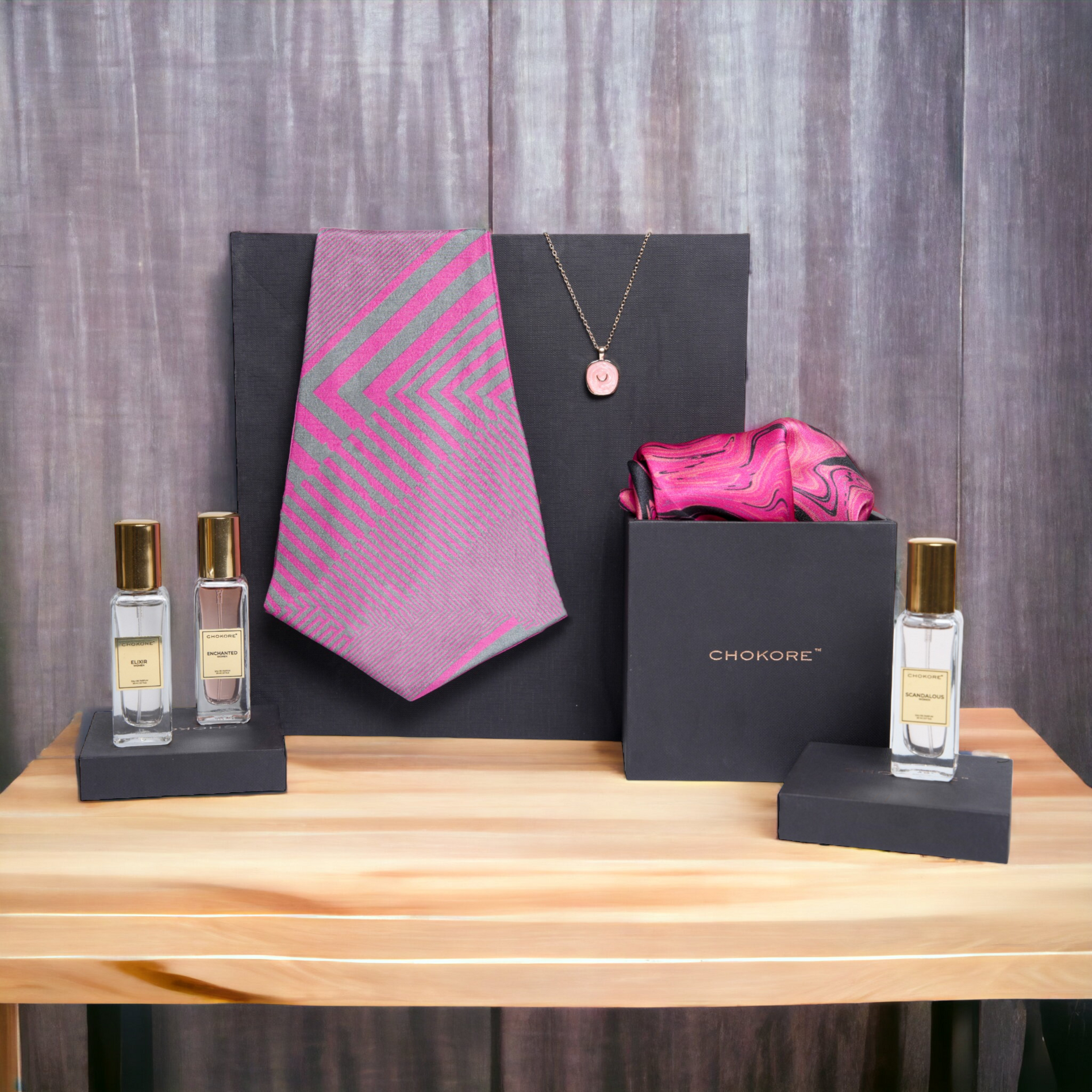 Chokore Chokore Special 4-in-1 Gift Set for Him & Her (Silk Pocket Square, Cravat, Pendant with Chain, Perfumes Combo) Chokore Special 4-in-1 Gift Set for Him & Her (Silk Pocket Square, Cravat, Pendant with Chain, Perfumes Combo) 