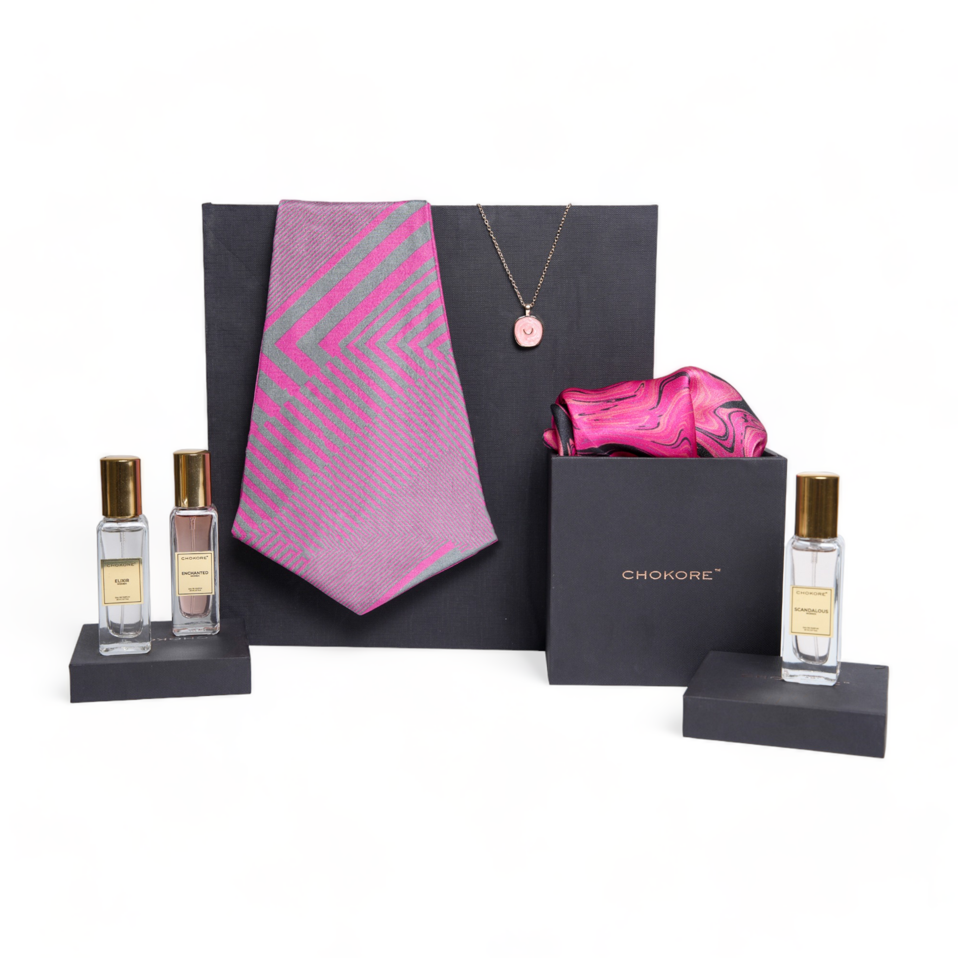 Chokore  Chokore Special 4-in-1 Gift Set for Him & Her (Silk Pocket Square, Cravat, Pendant with Chain, Perfumes Combo) 