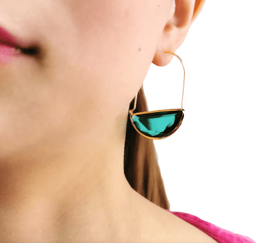 Hoops with turquoise blue glass droplets. Gold tone.