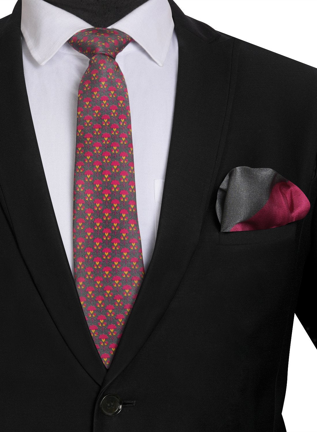 Chokore Chokore Grey & Magenta Silk Tie from Indian At Heart range & Two-in-one Dark Grey & Wine Pink Silk Pocket Square set Chokore Grey & Magenta Silk Tie from Indian At Heart range & Two-in-one Dark Grey & Wine Pink Silk Pocket Square set 