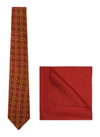 Chokore Chokore Red & Yellow Silk Tie - Indian At Heart range & Plain Red color Silk Pocket Square set