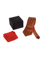 Chokore Chokore Red & Yellow Silk Tie - Indian At Heart range & Plain Red color Silk Pocket Square set