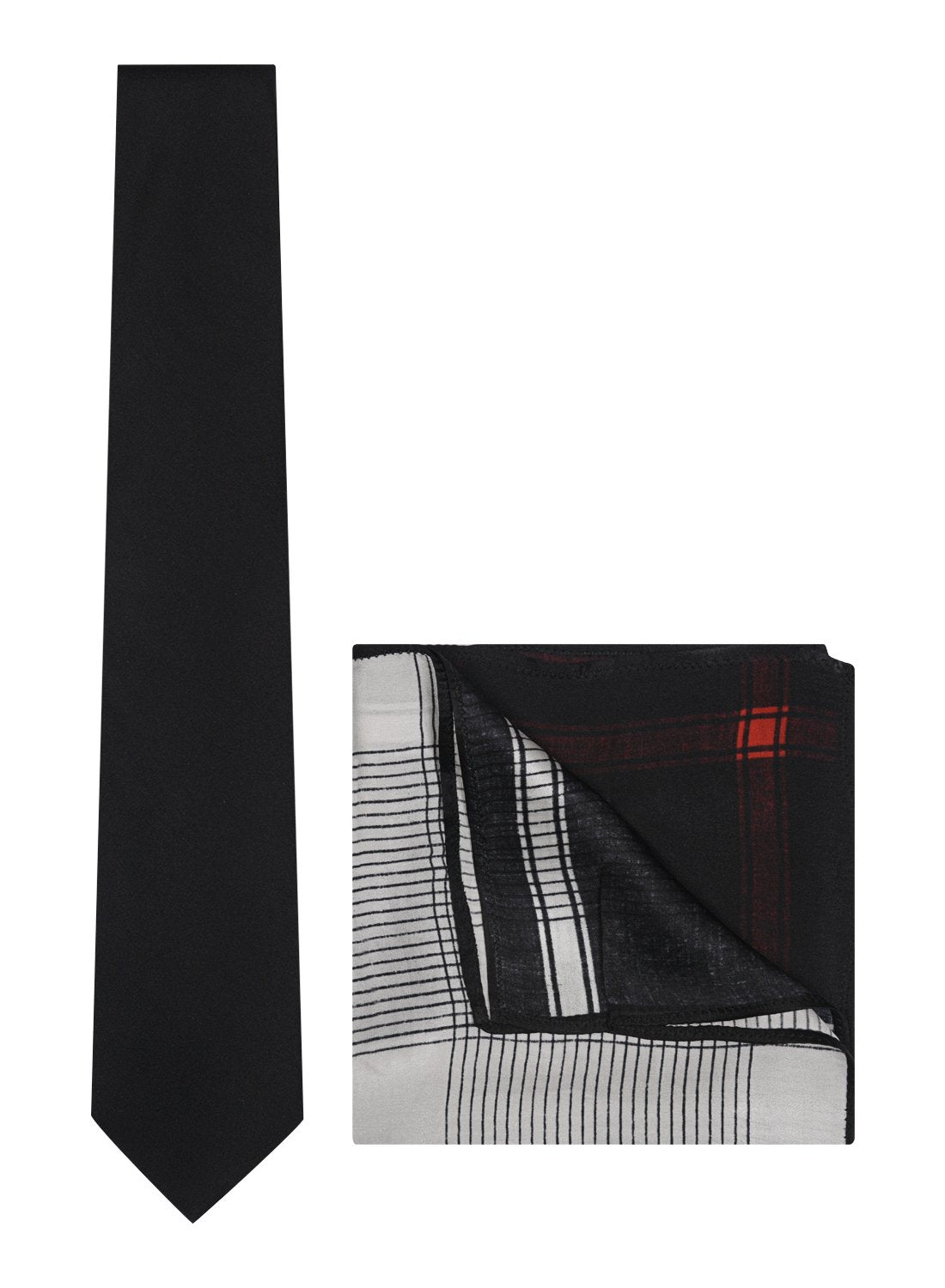 Chokore  Chokore Black color Plain Silk Tie & Printed Four-in-one Black & Red silk pocket square set 