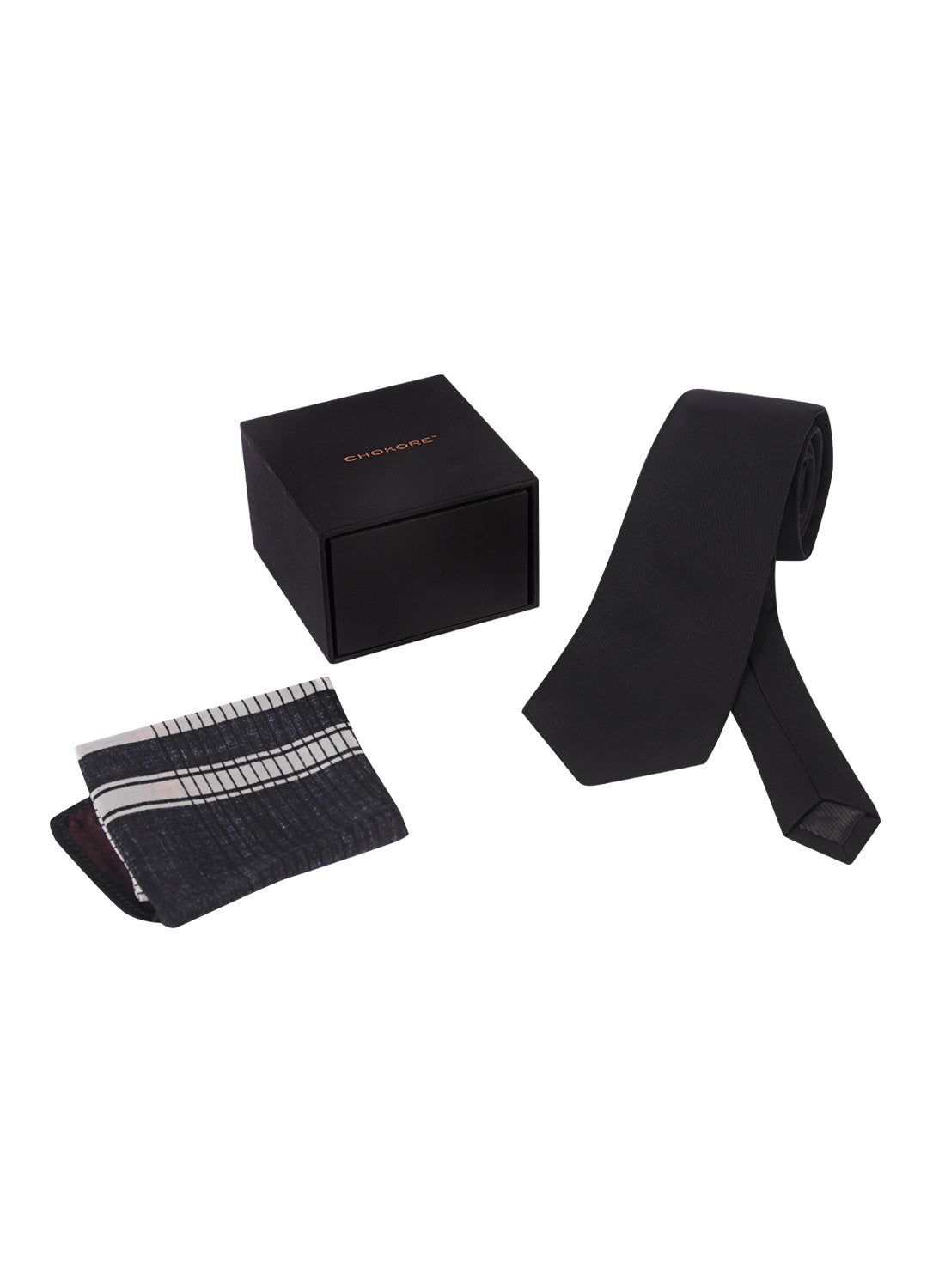 Chokore  Chokore Black color Plain Silk Tie & Printed Four-in-one Black & Red silk pocket square set 
